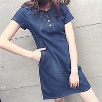 Women's A Line Dress Short Mini Dress Dark Blue Light Blue Short Sleeve Solid Color Button Fall Summer Crew Neck Stylish Elegant Casual 2022 S M L XL XXL 3XL miniinthebox - thumbnail