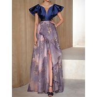 Women's Prom Dress Party Dress Satin Dress Long Dress Maxi Dress Blue Short Sleeve Floral Ruffle Spring Fall Winter V Neck Fashion Wedding Guest Birthday Evening Party S M L XL XXL 3XL Lightinthebox - thumbnail