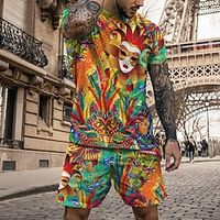 Graphic Mask Mardi Gras Fashion Daily Casual Men's 3D Print T shirt Tee Shorts and T Shirt Set Sports Outdoor Holiday Going out T shirt Blue Dark Green Orange Short Sleeve Crew Neck Shirt Summer Lightinthebox - thumbnail