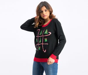 Womens Petite Holiday Tic-Tac-Toe Sweater  Deep Black