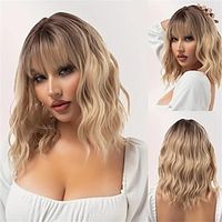 16 Inch Short Wavy Gradient Blonde Wigs With Bangs Synthetic Fiber Wavy Curly Wigs For Daily Party Cospaly Cosplay Wear Christmas Party Wigs miniinthebox - thumbnail