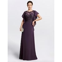Sheath Mother of the Bride Dress Cape Dress Formal Wedding Guest Elegant Jewel Neck Floor Length Chiffon Short Sleeve with Beading Appliques 2024 Lightinthebox - thumbnail