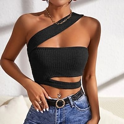 Women's Crop Top Tank Top Camis Brown Black Plain Sleeveless Holiday Weekend Streetwear Casual One Shoulder Crop Slim S Lightinthebox