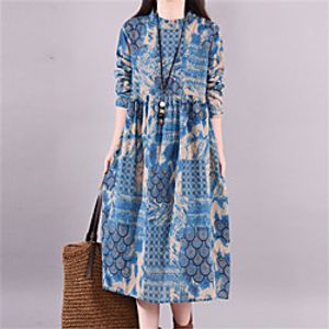 Women's Shift Dress Midi Dress Blue Long Sleeve Print Print Summer Round Neck Casual 2021 M L XL XXL  Cotton Lightinthebox
