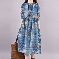 Women's Shift Dress Midi Dress Blue Long Sleeve Print Print Summer Round Neck Casual 2021 M L XL XXL  Cotton Lightinthebox - thumbnail