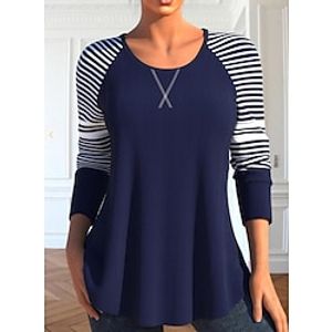 Women's T shirt Tee Navy Blue Striped Print Long Sleeve Daily Weekend Fashion Round Neck Regular Fit Painting Spring   Fall miniinthebox