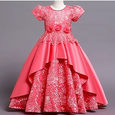 Kids Girls' Party Dress Solid Color Short Sleeve Performance Wedding Birthday Ruched Adorable Princess Beautiful Cotton Maxi Party Dress Spring Fall Winter 3-12 Years Yellow Pink Wine Lightinthebox