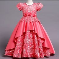 Kids Girls' Party Dress Solid Color Short Sleeve Performance Wedding Birthday Ruched Adorable Princess Beautiful Cotton Maxi Party Dress Spring Fall Winter 3-12 Years Yellow Pink Wine Lightinthebox - thumbnail