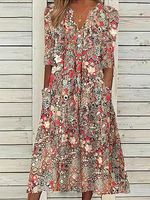 V-neck Casual Loose Floral Print Long Sleeve Midi Dress