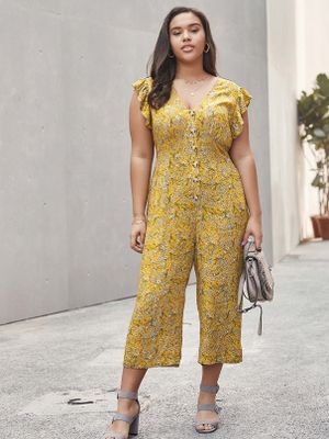 Plus Size V-neck Calico Button Design Short sleeves Jumpsuit Plus Size V-neck Calico Button Design Short sleeves Jumpsuit