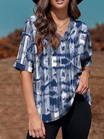 V Neck Short Sleeves Printed Blouse
