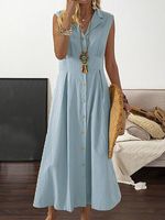 Vintage Casual Solid Color Lapel Sleeveless Waist Maxi Dress