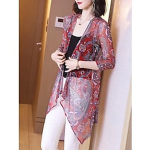 Women's Casual Jacket Outdoor Print Floral Comfortable Streetwear Regular Fit Outerwear 34 Length Sleeve Summer Red M Lightinthebox