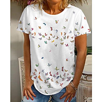Women's Butterfly T shirt Graphic Butterfly Print Round Neck Basic Tops White Blue Purple Lightinthebox