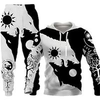 Men's Tracksuit Hoodies Set Black And White Hooded Graphic Animal Wolf 2 Piece Print Sports  Outdoor Casual Sports 3D Print Basic Streetwear Designer Fall Spring Clothing Apparel Hoodies Sweatshirts  miniinthebox - thumbnail