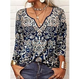 Women's T shirt Tee Red Floral Print Long Sleeve Daily Weekend Daily Basic V Neck Regular Fit Floral Painting Fall  Winter miniinthebox