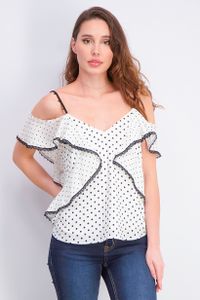 Womens  Polka Dot Ruffle Blouse  White/Black