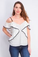 Womens  Polka Dot Ruffle Blouse  White/Black - thumbnail