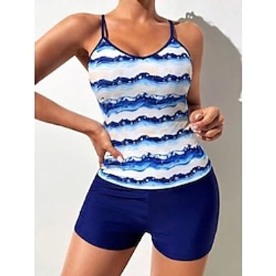 Women's Swimwear Tankini 2 Piece Normal Swimsuit 2 Piece Printing Striped Blue Tank Top Camisole Strap Bathing Suits Sports Beach Wear Holiday Lightinthebox