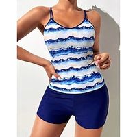 Women's Swimwear Tankini 2 Piece Normal Swimsuit 2 Piece Printing Striped Blue Tank Top Camisole Strap Bathing Suits Sports Beach Wear Holiday Lightinthebox - thumbnail