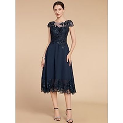 A-Line Mother of the Bride Dress Wedding Guest Elegant Petite Scoop Neck Tea Length Chiffon Lace Cap Sleeve with Sequin Ruching Solid Color 2023 Lightinthebox