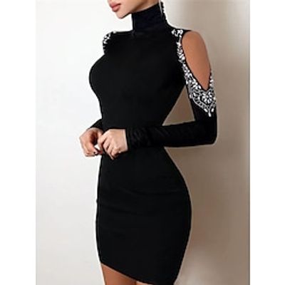 Women's Work Dress Bodycon Sheath Dress Mini Dress Black Long Sleeve Flower Cut Out Spring Fall Winter Stand Collar Fashion Office Slim 2023 S M L XL miniinthebox