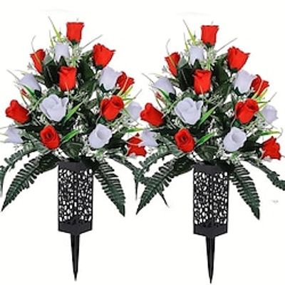 24 Heads Artificial Cemetery Flowers, Rose Flowers, Outdoor Grave Decorations Roses, Lasting  Non-Bleed Colors, Red  White, Without Cemetery Vase Lightinthebox