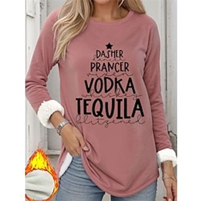 Christmas Sweatshirt Women's Sweatshirt Pullover Sherpa Fleece Lined Letter Warm Sportswear Print Black Pink Dark Pink Casual Sports Round Neck Long Sleeve Top Micro-elastic Fall  Winter Lightinthebox