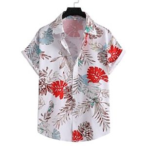 Men's Casual Shirt 3D Print Leaves Classic Collar 短袖衬衫 Casual Vacation Print Short Sleeve Tops Casual Beach Red  White  Summer  Work Lightinthebox