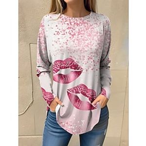 Women's T shirt Tee Yellow Pink Purple Lip Print Long Sleeve Daily Weekend Fashion Round Neck Regular Fit Painting Spring   Fall Lightinthebox
