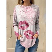 Women's T shirt Tee Yellow Pink Purple Lip Print Long Sleeve Daily Weekend Fashion Round Neck Regular Fit Painting Spring   Fall Lightinthebox - thumbnail