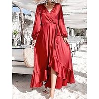 Women's Casual Dress Swing Dress Wrap Dress Long Dress Maxi Dress Ruffle Street Holiday Vacation Streetwear Maxi V Neck Long Sleeve Regular Fit Red Color S M L XL XXL Size Lightinthebox - thumbnail