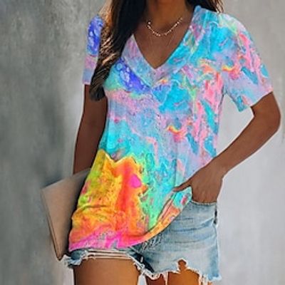 Women's T shirt Tee Pink Blue Purple Graphic Butterfly Print Short Sleeve Daily Weekend Basic V Neck Regular Abstract Painting S miniinthebox