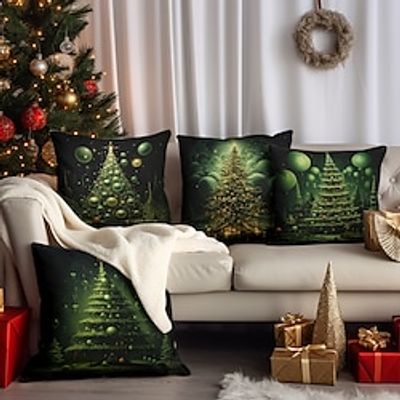 Christmas Green Trees Double Side Pillow Cover 4PC Xmas Soft Decorative Square Cushion Case Pillowcase for Bedroom Livingroom Sofa Couch Chair miniinthebox