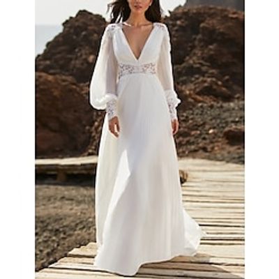 Mature Wedding Dresses A-Line V Neck Long Sleeve Floor Length Chiffon Bridal Gowns With Pleats Solid Color 2023 Lightinthebox