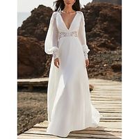 Mature Wedding Dresses A-Line V Neck Long Sleeve Floor Length Chiffon Bridal Gowns With Pleats Solid Color 2023 Lightinthebox - thumbnail