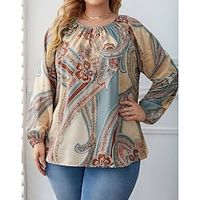 Women's Plus Size Tops Blouse Shirt Floral Ruched Print Long Sleeve Round Neck Casual Daily Vacation Polyester Fall Winter khaki Lightinthebox - thumbnail