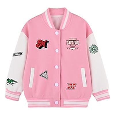 Kids Girls' Baseball Jacket Graphic Active Button School Coat Outerwear 2-13 Years Spring Black White Pink Lightinthebox