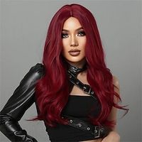 Wine Red Long Wavy Middle Part Synthetic Wigs For Women, For Women Girls Heat Resistant Synthetic Natural Wig Halloween Party Christmas Party Wigs Lightinthebox - thumbnail