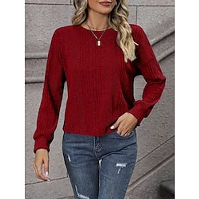 Women's Pullover Sweater Jumper Crew Neck Ribbed Knit Polyester Oversized Drop Shoulder Fall Winter Regular Going out Weekend Fashion Casual Long Sleeve Pure Color Pink Wine S M L Lightinthebox