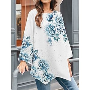 Women's Shirt Blouse Floral Blue Purple Print Asymmetric Hem Long Sleeve Casual Going out Fashion Streetwear Round Neck Regular Fit Spring Lightinthebox