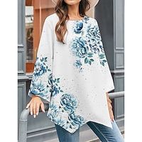 Women's Shirt Blouse Floral Blue Purple Print Asymmetric Hem Long Sleeve Casual Going out Fashion Streetwear Round Neck Regular Fit Spring Lightinthebox - thumbnail