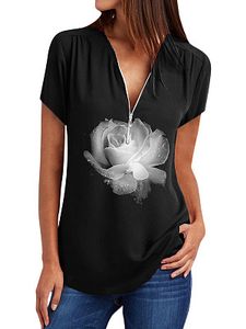 V Neck Zips Print Short Sleeve Blouse