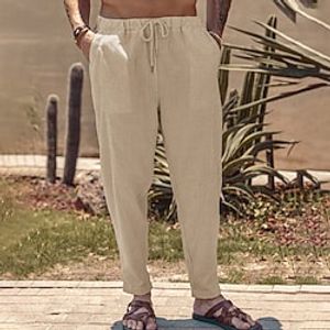 Men's Linen Pants Trousers Summer Pants Beach Pants Drawstring Elastic Waist Plain Comfort Breathable Casual Daily Holiday Linen  Cotton Blend Streetwear Designer Khaki Light Grey Lightinthebox