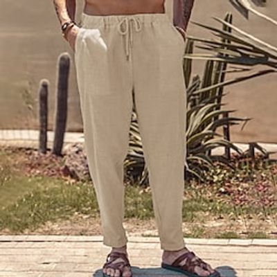 Men's Linen Pants Trousers Summer Pants Beach Pants Drawstring Elastic Waist Plain Comfort Breathable Casual Daily Holiday Linen  Cotton Blend Streetwear Designer Khaki Light Grey Lightinthebox
