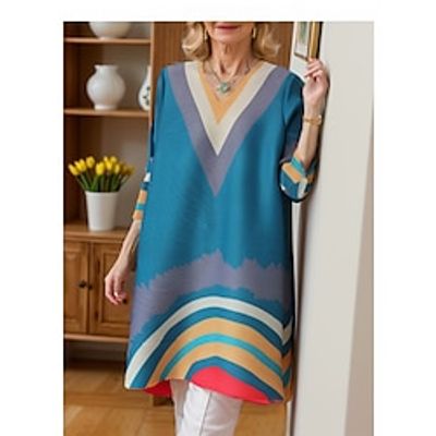 Women's Casual Dress Winter Dress Stripe Patchwork V Neck Midi Dress Active Fashion Outdoor Street 34 Length Sleeve Loose Fit Red Green Fall Winter M L XL XXL 3XL Lightinthebox