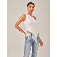 Ivory Asymmetry Fringe Knit Top