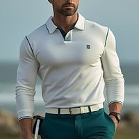 Men's Polo Shirt Button Up Polos Casual Sports Lapel Long Sleeve Fashion Basic Plain Patchwork Spring   Fall Regular Fit White Polo Shirt Lightinthebox - thumbnail