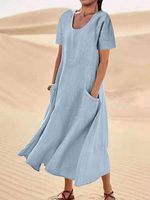 Round Neck Loose Casual Solid Color Short-sleeved Midi Dress