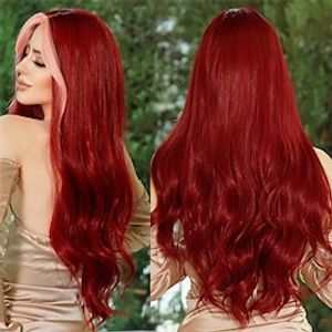 Long Wavy Wine Red Wig For Women Daily Party Use Synthetic Highlight Hair Middle Part Wig 24 Inch Lolita Wigs Heat Resistant Christmas Party Wigs miniinthebox